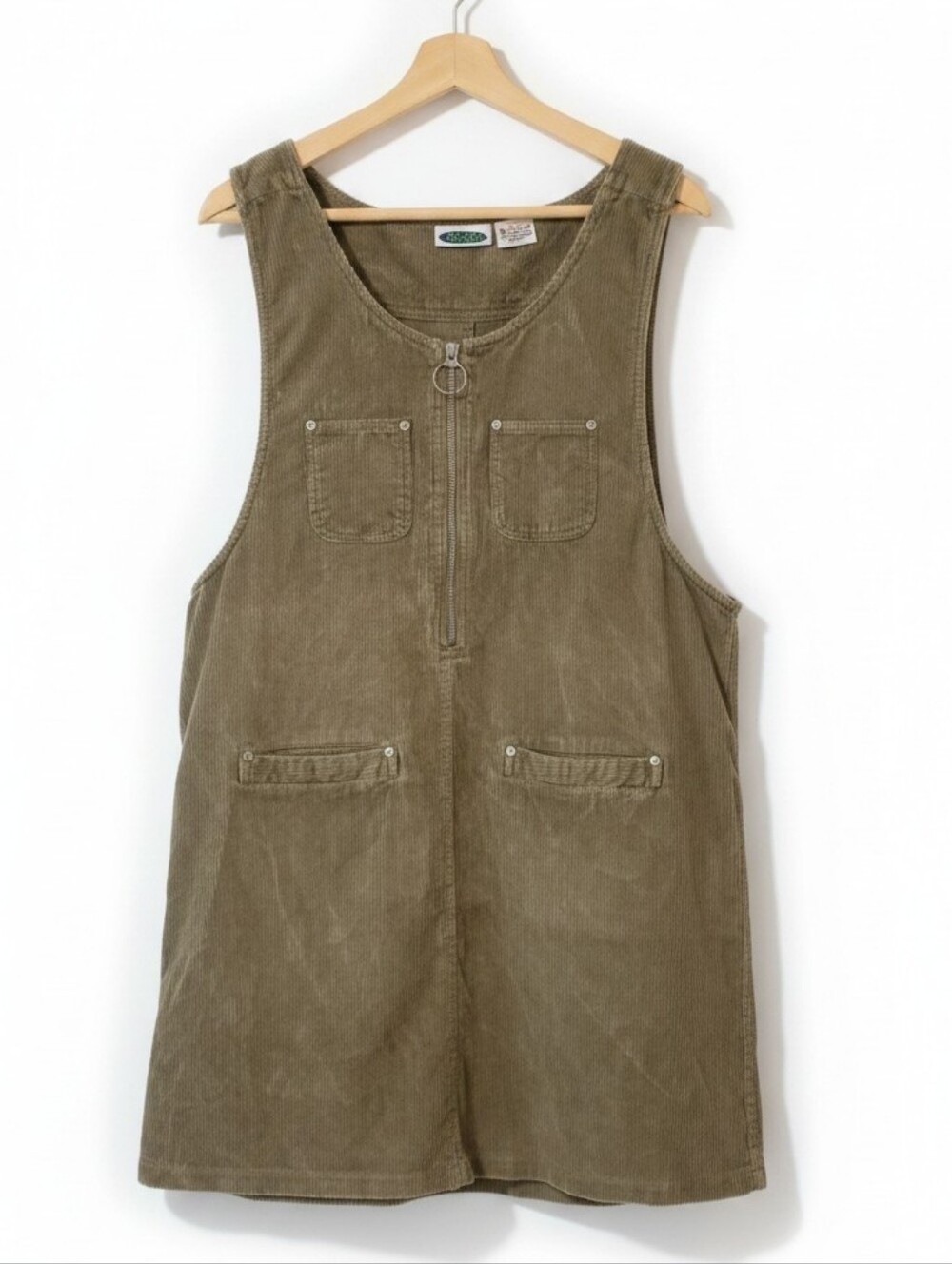 Vintage Next Issue Corduroy Zip-Front Pinafore Dress in Olive Green